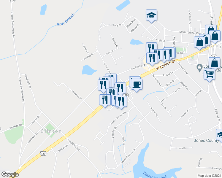 map of restaurants, bars, coffee shops, grocery stores, and more near 286 W Clinton St in Gray
