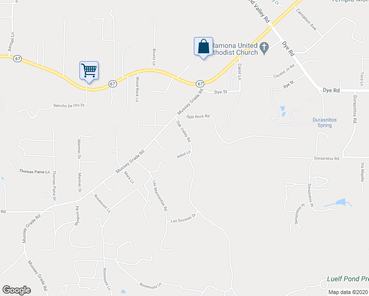 map of restaurants, bars, coffee shops, grocery stores, and more near 15774 Oak Valley Road in Ramona