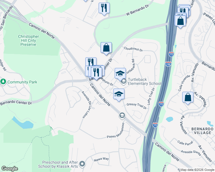 map of restaurants, bars, coffee shops, grocery stores, and more near 15287 Maturin Drive in San Diego