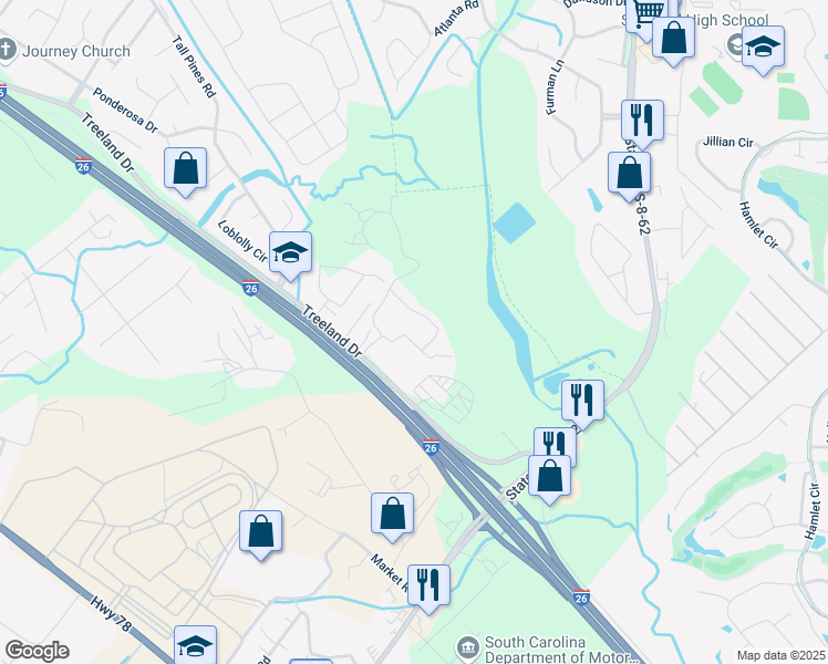 map of restaurants, bars, coffee shops, grocery stores, and more near 7500 Giddings Way in Ladson