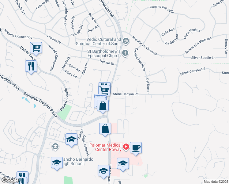 map of restaurants, bars, coffee shops, grocery stores, and more near 12640 Stone Canyon Road in Poway