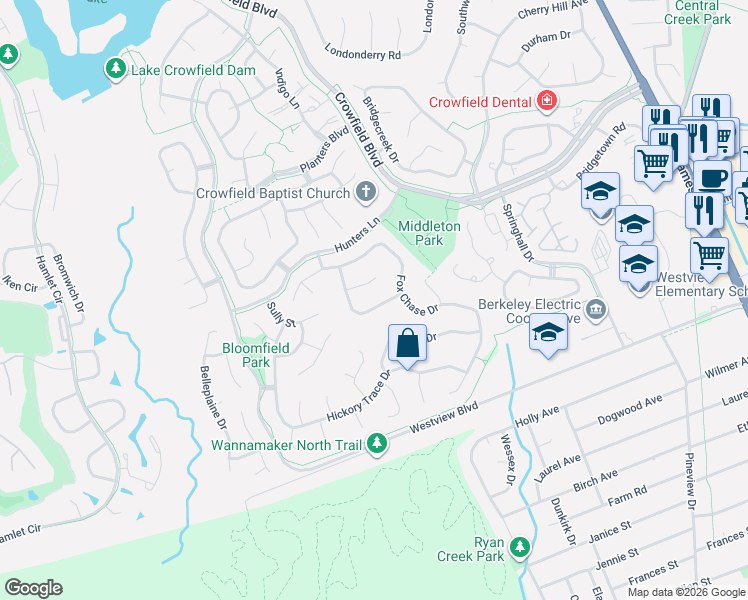map of restaurants, bars, coffee shops, grocery stores, and more near 100 Remington Place in Goose Creek