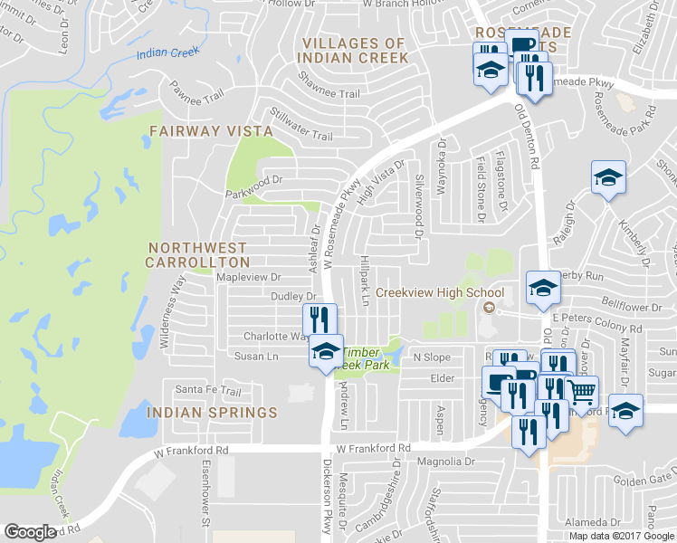 map of restaurants, bars, coffee shops, grocery stores, and more near 3315 Willow Ridge Circle in Carrollton