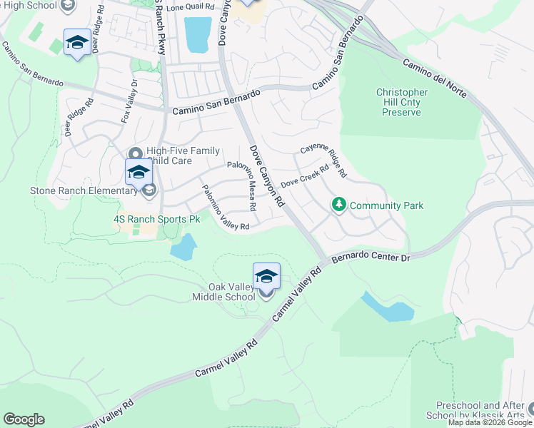 map of restaurants, bars, coffee shops, grocery stores, and more near 16112 Palomino Valley Court in San Diego