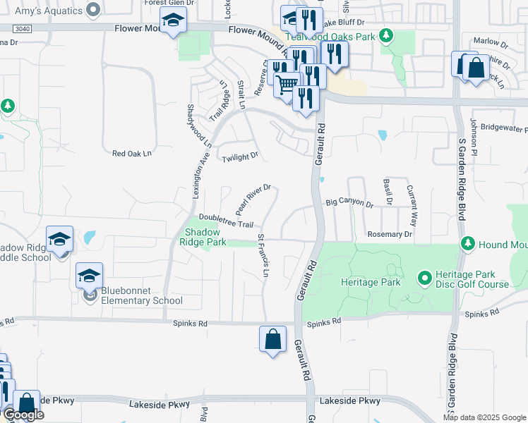 map of restaurants, bars, coffee shops, grocery stores, and more near 1413 Saint Francis Lane in Flower Mound