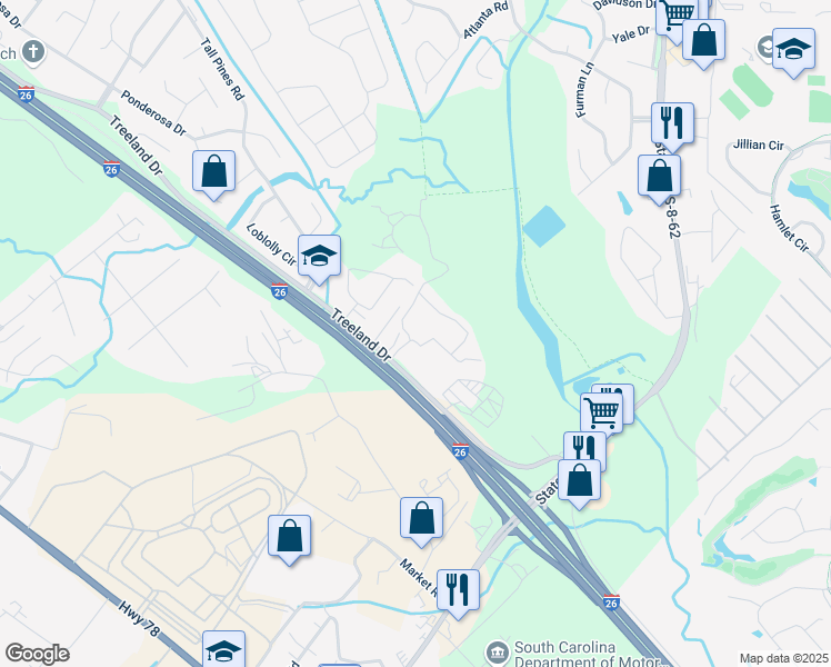 map of restaurants, bars, coffee shops, grocery stores, and more near 1109 Giddings Way in Ladson