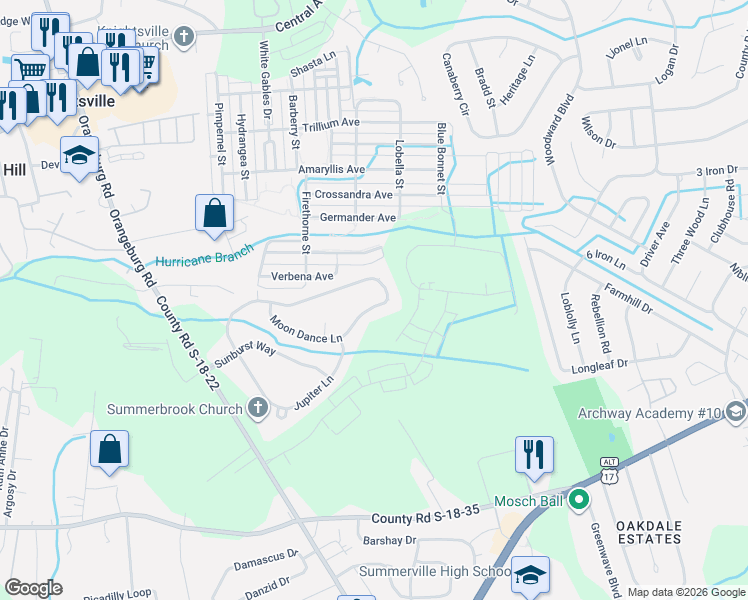 map of restaurants, bars, coffee shops, grocery stores, and more near 176 Moon Dance Lane in Summerville