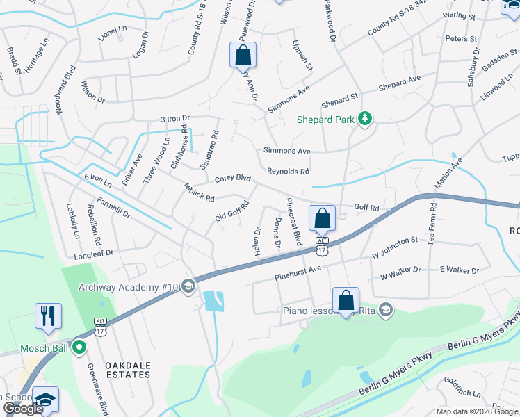 map of restaurants, bars, coffee shops, grocery stores, and more near 124 Helen Drive in Summerville