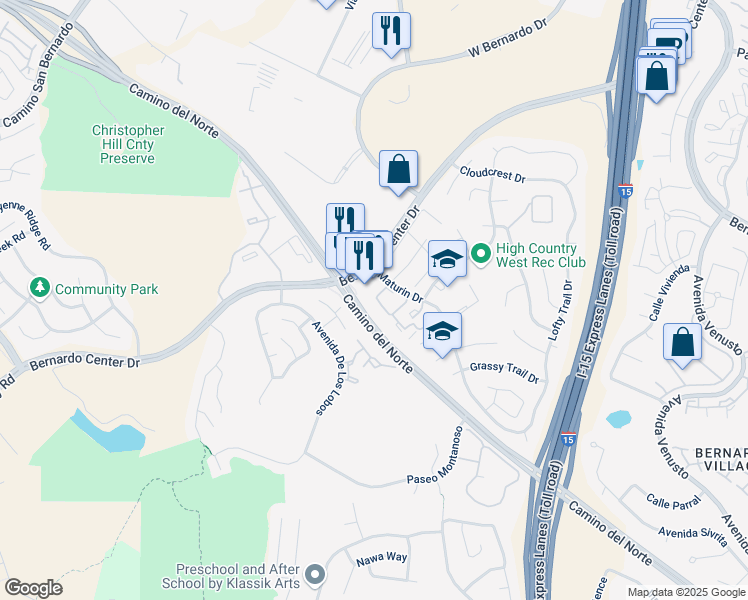map of restaurants, bars, coffee shops, grocery stores, and more near 15817 Bernardo Center Drive in San Diego