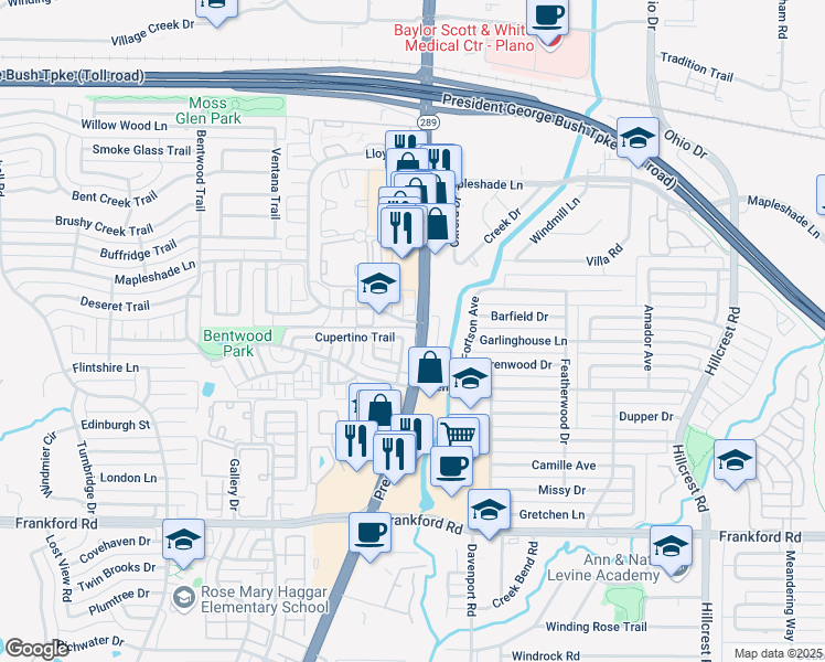 map of restaurants, bars, coffee shops, grocery stores, and more near 6251 Cupertino Trail in Dallas