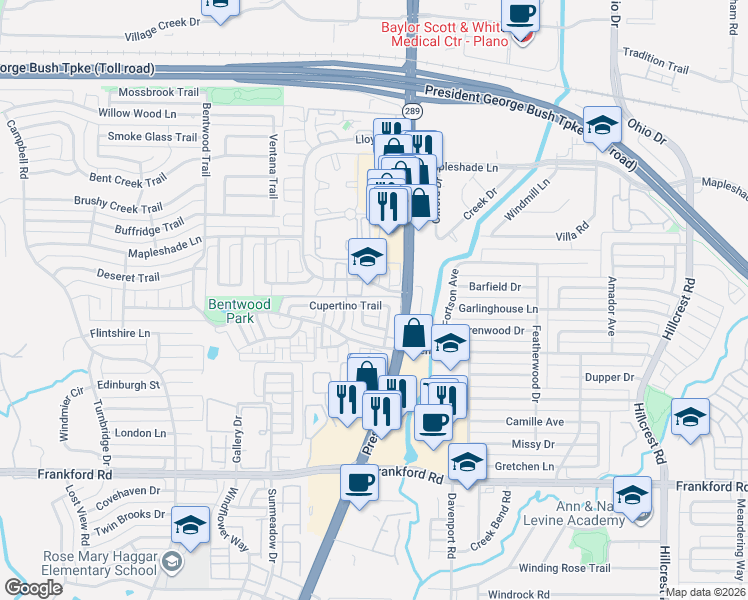 map of restaurants, bars, coffee shops, grocery stores, and more near 6251 Cupertino Trail in Dallas