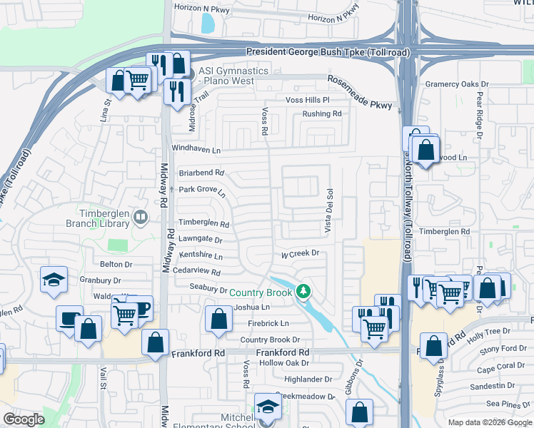 map of restaurants, bars, coffee shops, grocery stores, and more near 18712 Voss Road in Dallas