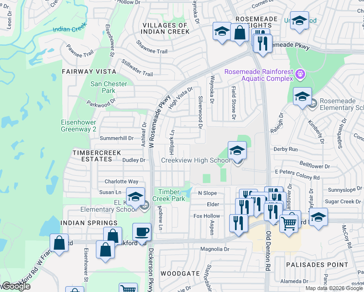 map of restaurants, bars, coffee shops, grocery stores, and more near 3316 Hillpark Lane in Carrollton