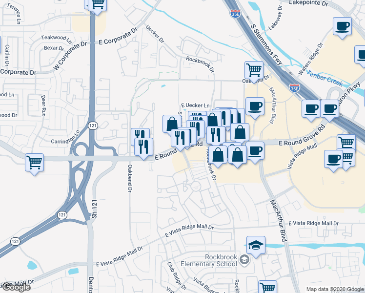 map of restaurants, bars, coffee shops, grocery stores, and more near 291 Farm to Market Road 3040 in Lewisville