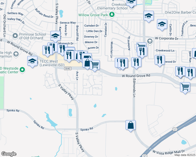 map of restaurants, bars, coffee shops, grocery stores, and more near 940 West Round Grove Road in Lewisville