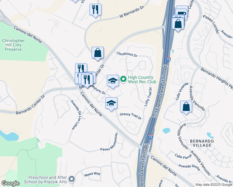 map of restaurants, bars, coffee shops, grocery stores, and more near 15855 Turtleback Road in San Diego