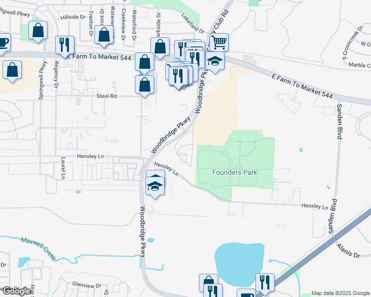 map of restaurants, bars, coffee shops, grocery stores, and more near 600 Woodbridge Parkway in Wylie