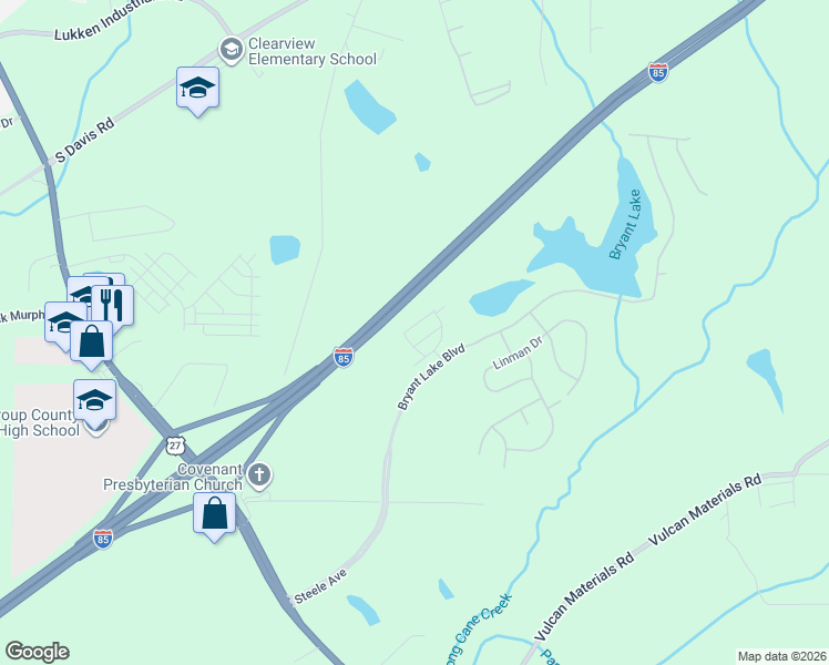 map of restaurants, bars, coffee shops, grocery stores, and more near 17-299 Prof Bryant Road in LaGrange