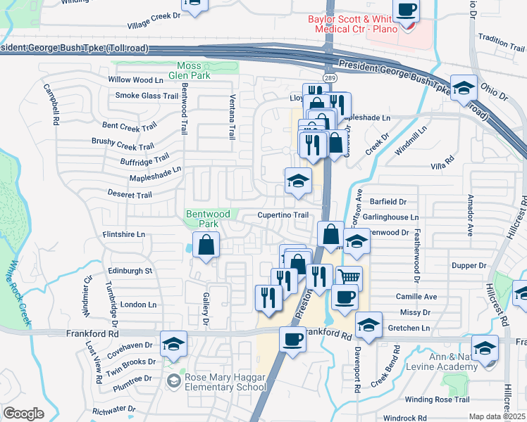 map of restaurants, bars, coffee shops, grocery stores, and more near 6147 Cupertino Trail in Dallas