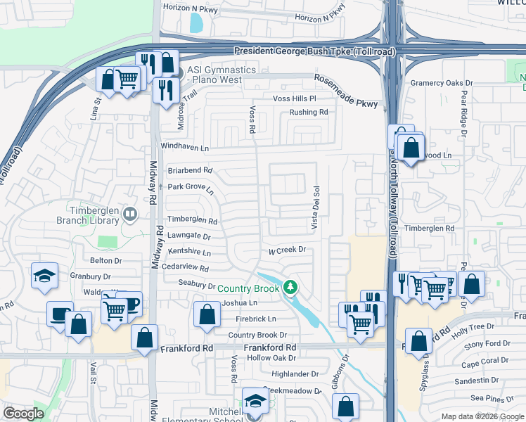 map of restaurants, bars, coffee shops, grocery stores, and more near 18712 Voss Road in Dallas