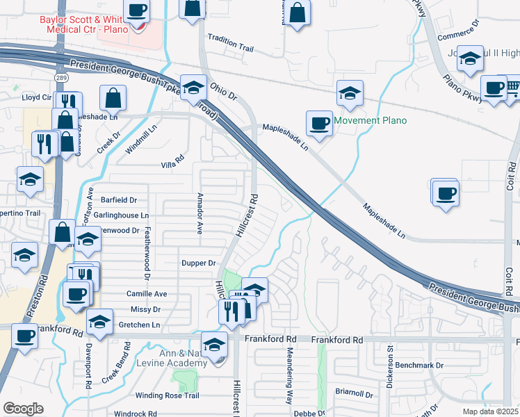 map of restaurants, bars, coffee shops, grocery stores, and more near 6907 Maple Creek Lane in Dallas