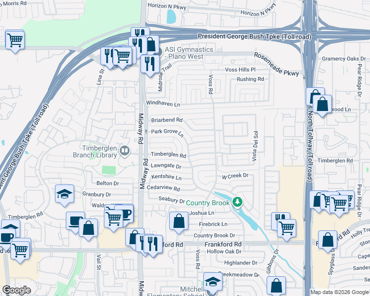 map of restaurants, bars, coffee shops, grocery stores, and more near 18639 Park Grove Lane in Dallas