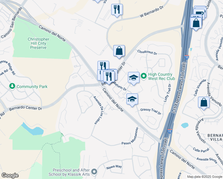 map of restaurants, bars, coffee shops, grocery stores, and more near 15273 Maturin Drive in San Diego