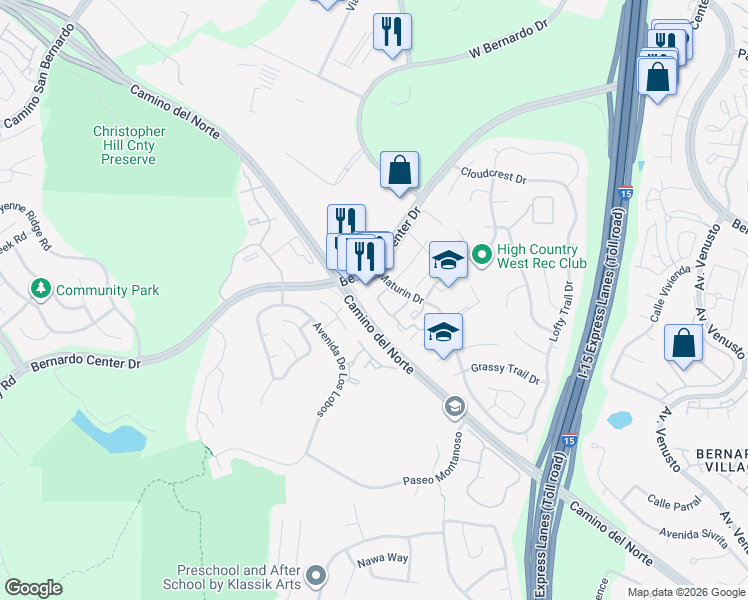 map of restaurants, bars, coffee shops, grocery stores, and more near 15817 Bernardo Center Drive in San Diego
