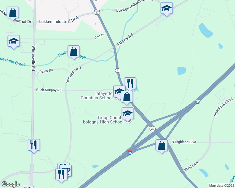 map of restaurants, bars, coffee shops, grocery stores, and more near 1901 Hamilton Road in LaGrange