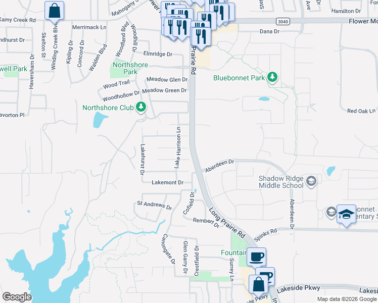 map of restaurants, bars, coffee shops, grocery stores, and more near 2701 Pond Wood Drive in Flower Mound