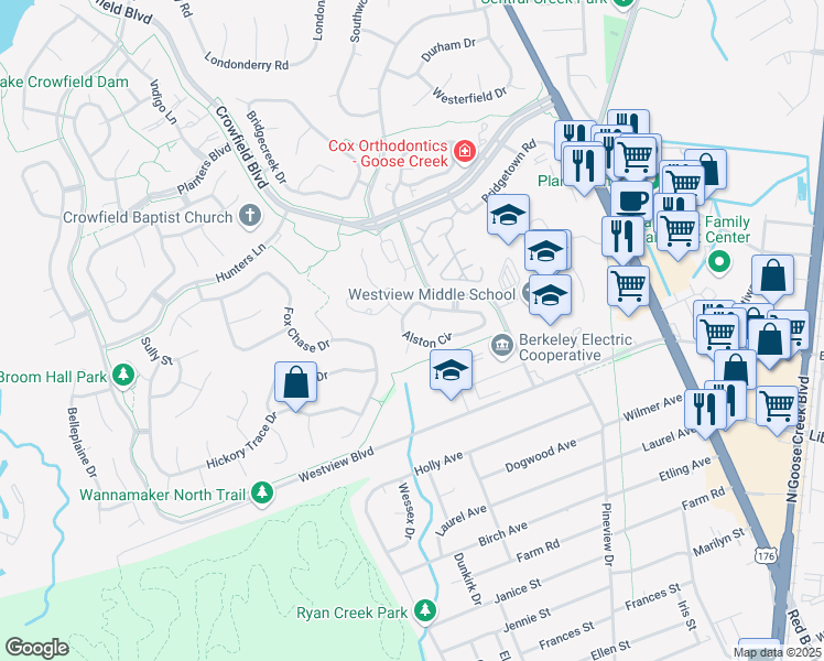 map of restaurants, bars, coffee shops, grocery stores, and more near 139 Alston Circle in Goose Creek