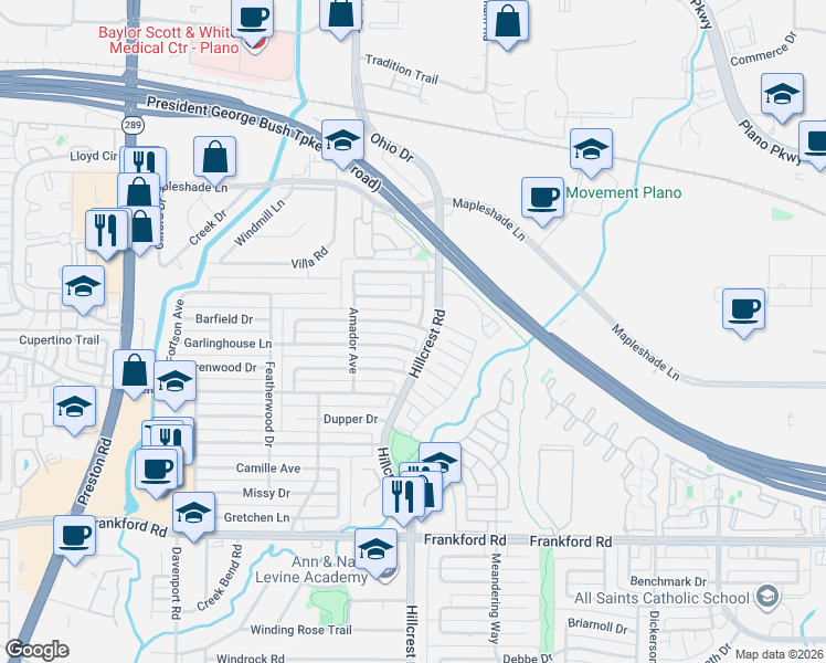 map of restaurants, bars, coffee shops, grocery stores, and more near 6820 Flanary Lane in Dallas