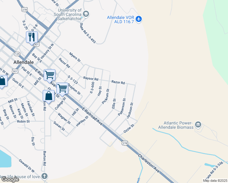map of restaurants, bars, coffee shops, grocery stores, and more near 619 Ellis Street in Allendale