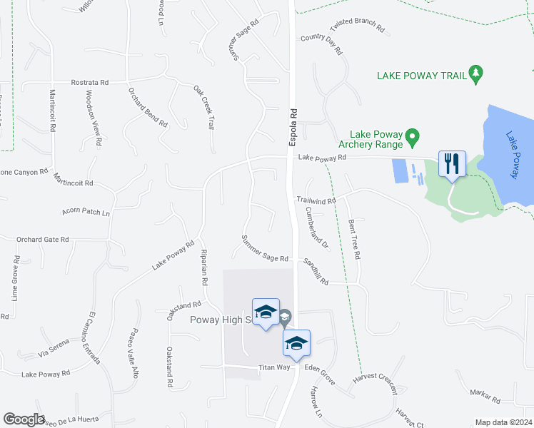 map of restaurants, bars, coffee shops, grocery stores, and more near 14057 Riverbend Road in Poway