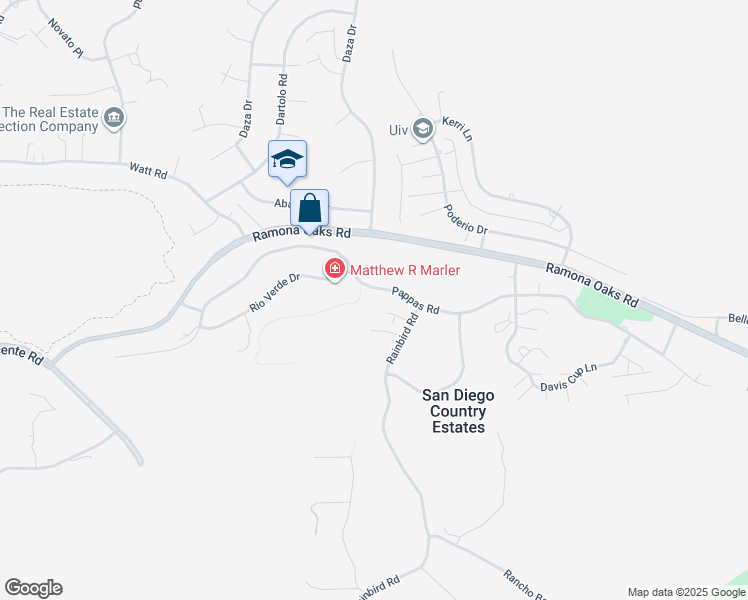 map of restaurants, bars, coffee shops, grocery stores, and more near 25035 Pappas Road in Ramona