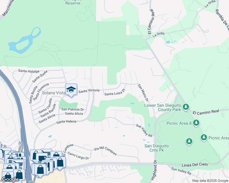 map of restaurants, bars, coffee shops, grocery stores, and more near 1272 Santa Luisa Drive in Solana Beach