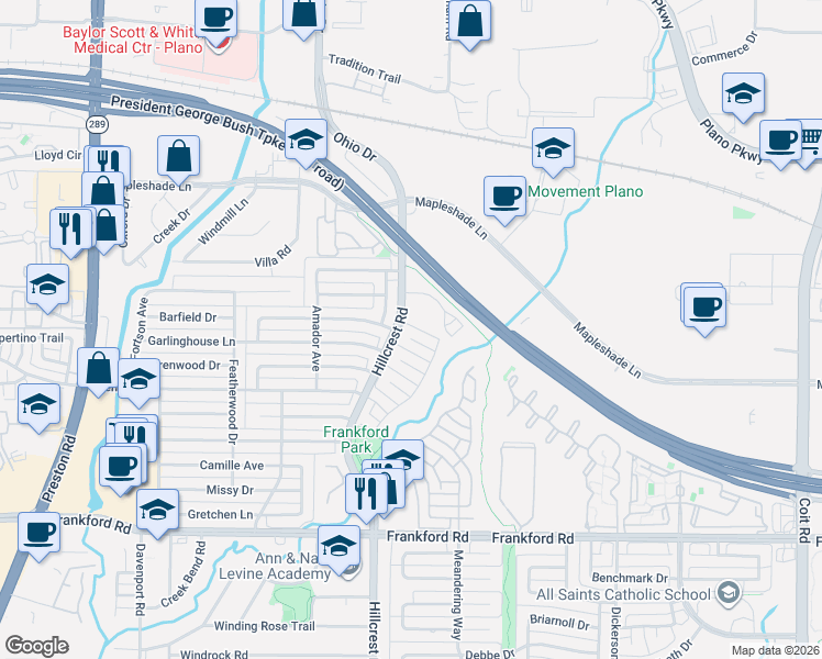 map of restaurants, bars, coffee shops, grocery stores, and more near 6907 Maple Creek Lane in Dallas