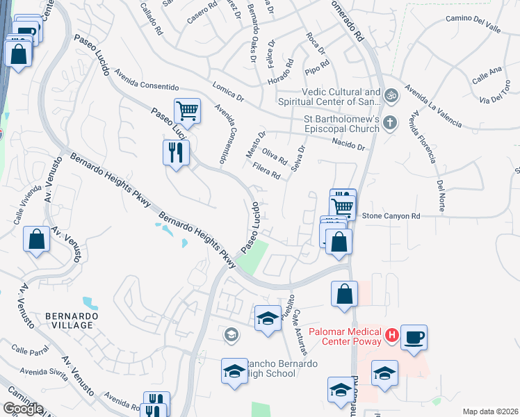 map of restaurants, bars, coffee shops, grocery stores, and more near 12520 Paseo Lucido in San Diego