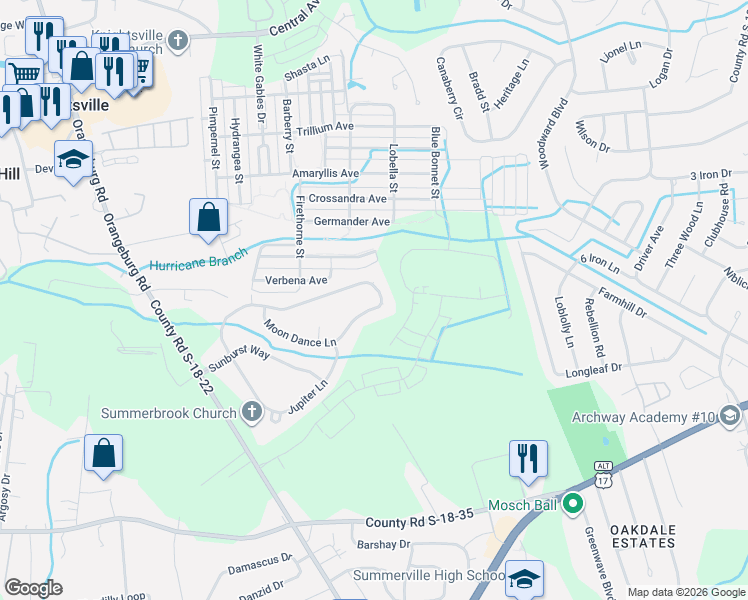 map of restaurants, bars, coffee shops, grocery stores, and more near 176 Moon Dance Ln in Summerville