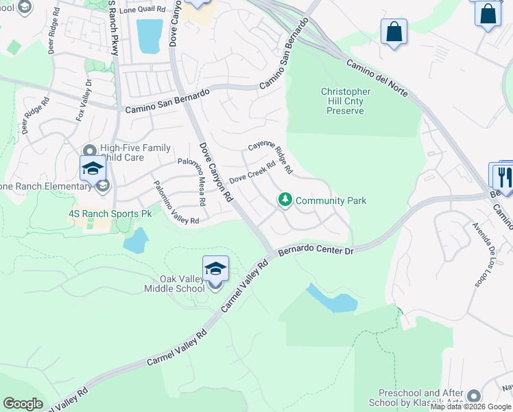 map of restaurants, bars, coffee shops, grocery stores, and more near 16124 Cayenne Creek Road in San Diego