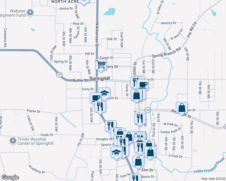 map of restaurants, bars, coffee shops, grocery stores, and more near 106 3rd Street Northwest in Springhill