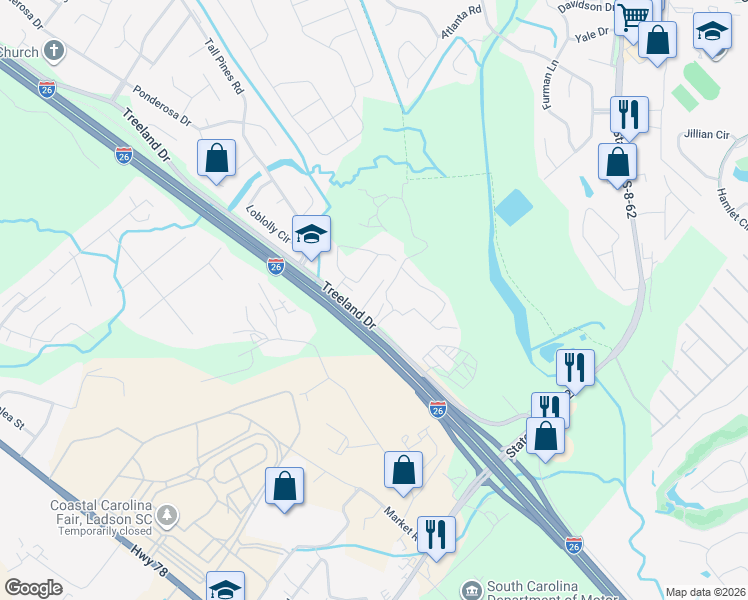 map of restaurants, bars, coffee shops, grocery stores, and more near 113 Coley Lane in Ladson