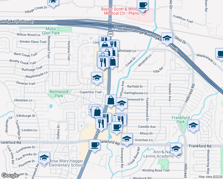 map of restaurants, bars, coffee shops, grocery stores, and more near 18619 Crownover Court in Dallas