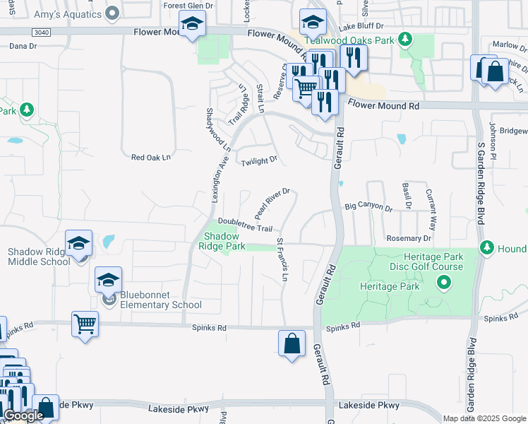 map of restaurants, bars, coffee shops, grocery stores, and more near 1413 Trinity Court in Flower Mound