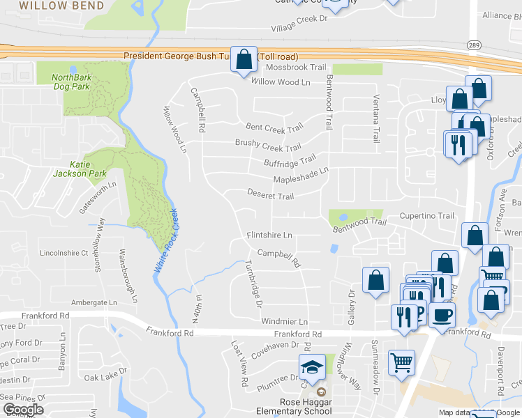 map of restaurants, bars, coffee shops, grocery stores, and more near 5723 Antares Court in Dallas