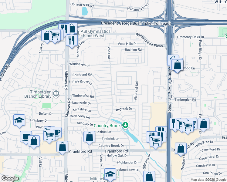 map of restaurants, bars, coffee shops, grocery stores, and more near 18712 Voss Road in Dallas