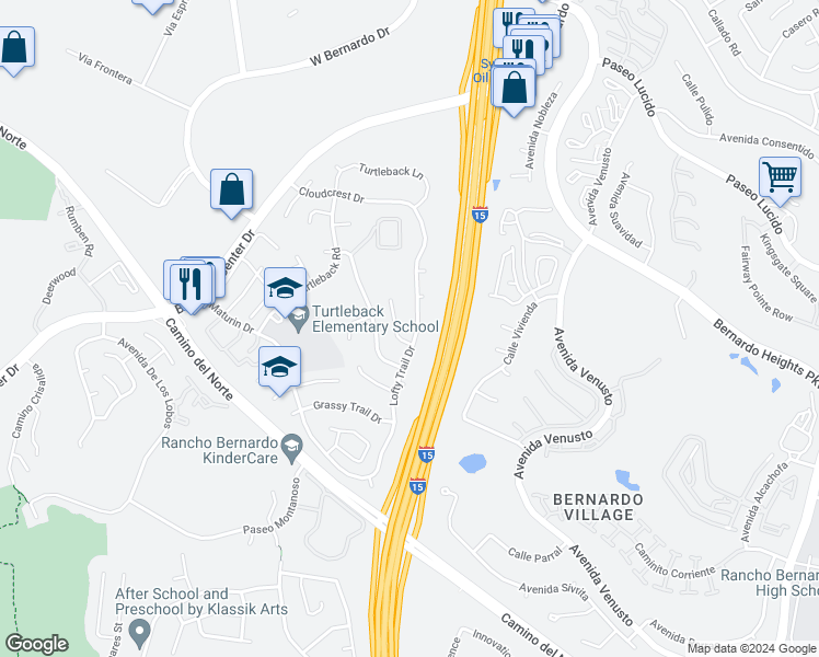 map of restaurants, bars, coffee shops, grocery stores, and more near 16026 Lofty Trail Drive in San Diego