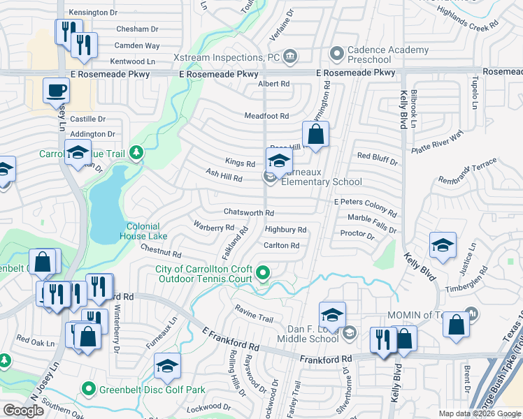 map of restaurants, bars, coffee shops, grocery stores, and more near 2043 Chatsworth Road in Carrollton