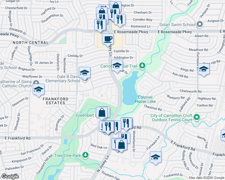 map of restaurants, bars, coffee shops, grocery stores, and more near 1834 East Peters Colony Road in Carrollton