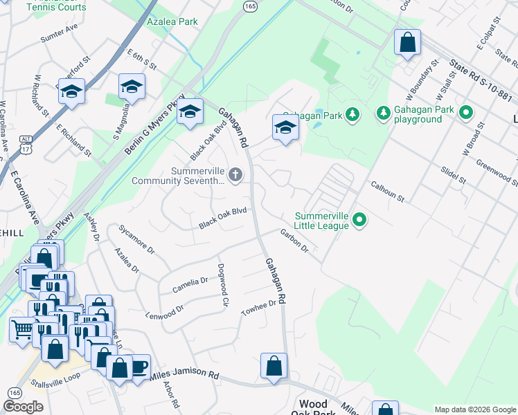 map of restaurants, bars, coffee shops, grocery stores, and more near 124 Evesham Drive in Summerville